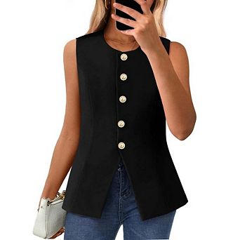 Women's Sleeveless Button Vest Round Neck Casual Tailored Work Blazer Top