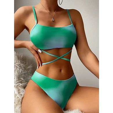Women's 3 Piece Gradient Bikini Set, Tie-Dye Swimsuit with Wrap Skirt Cover-Up