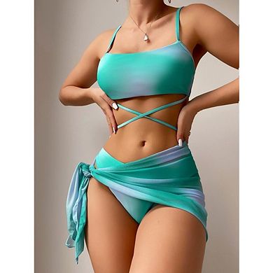 Women's 3 Piece Gradient Bikini Set, Tie-Dye Swimsuit with Wrap Skirt Cover-Up