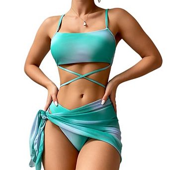 Women's 3 pc Gradient Bikini Set, Tie-Dye Swimsuit with Wrap Skirt Cover-Up