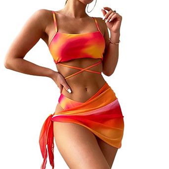 Women's 3 pc Gradient Bikini Set, Tie-Dye Swimsuit with Wrap Skirt Cover-Up