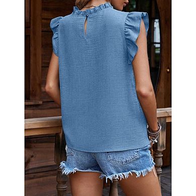 Womens Summer Tops Casual Crewneck Ruffle Cap Sleeve Blouse Shirts Pleated Solid Color Tunic Top