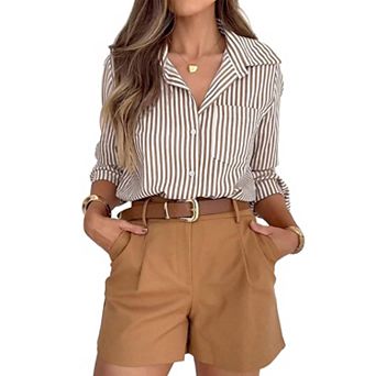 Women Button Down Shirt Striped Collared Office Work Blouse