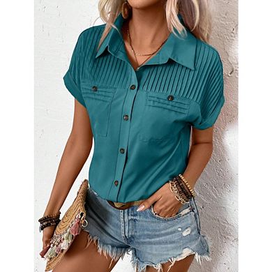 Women's Pleated Detail Button-Down Blouse, Short Sleeve Collared Top with Pockets