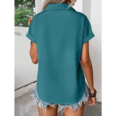 Women's Pleated Detail Button-Down Blouse, Short Sleeve Collared Top with Pockets