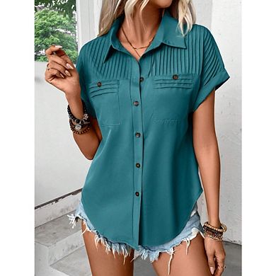 Women's Pleated Detail Button-Down Blouse, Short Sleeve Collared Top with Pockets