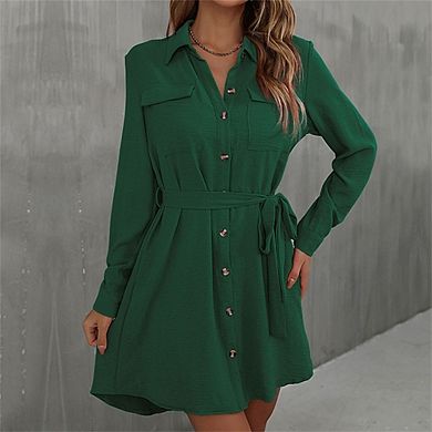 Women's Long Sleeve Shirt Dress Button Down Belted Casual Mini Dress