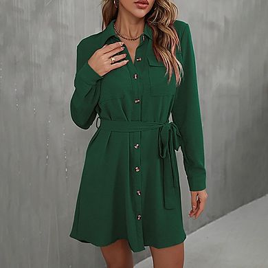 Women's Long Sleeve Shirt Dress Button Down Belted Casual Mini Dress