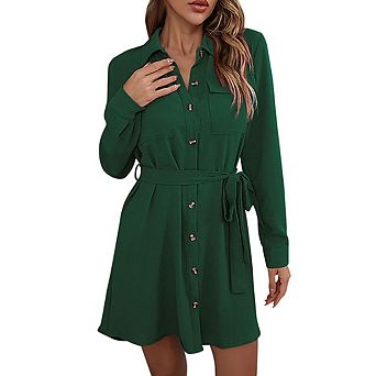 Women's Long Sleeve Shirt Dress Button Down Belted Casual Mini Dress