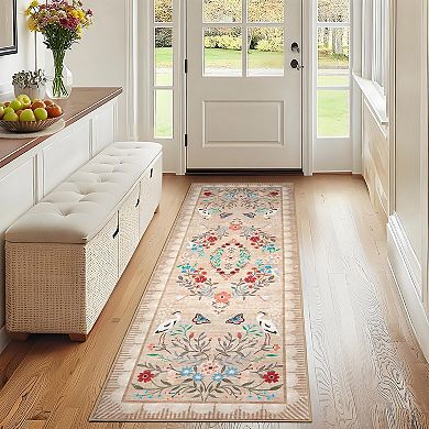 Washable Floral Kitchen Rugs, Vintage Non Slip Hallway Runner Distressed Oriental Low Pile Rugs