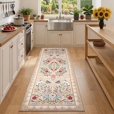 Washable Floral Kitchen Rugs, Vintage Non Slip Hallway Runner Distressed Oriental Low Pile Rugs