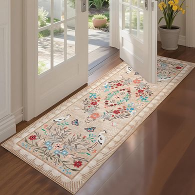 Washable Floral Kitchen Rugs, Vintage Non Slip Hallway Runner Distressed Oriental Low Pile Rugs