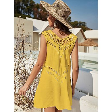 Women's Boho Crochet Beach Dress, Sleeveless Casual Cover-Up