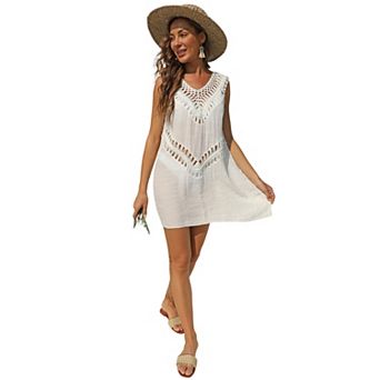 Women's Boho Crochet Beach Dress, Sleeveless Casual Cover-Up