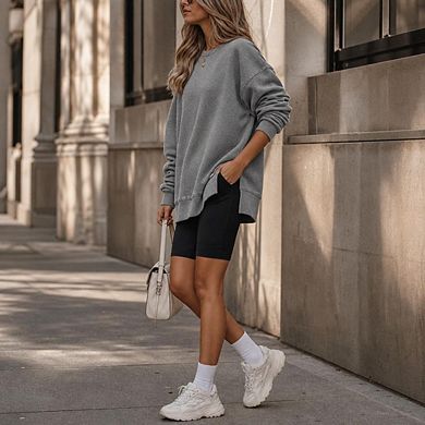 Womens Oversized Waffle Knit Sweatshirts Casual Crewneck Long Sleeve Side Slits Pullover Tops