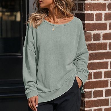 Womens Oversized Waffle Knit Sweatshirts Casual Crewneck Long Sleeve Side Slits Pullover Tops
