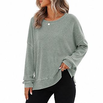 Womens Oversized Waffle Knit Sweatshirts Casual Crewneck Long Sleeve Side Slits Pullover Tops