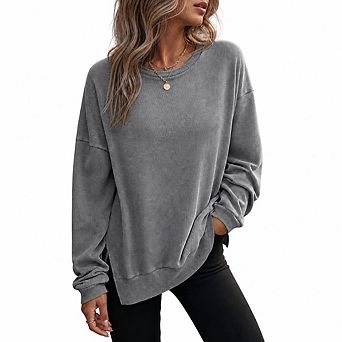 Womens Oversized Waffle Knit Sweatshirts Casual Crewneck Long Sleeve Side Slits Pullover Tops