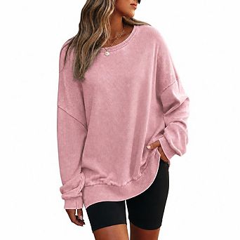 Womens Oversized Waffle Knit Sweatshirts Casual Crewneck Long Sleeve Side Slits Pullover Tops