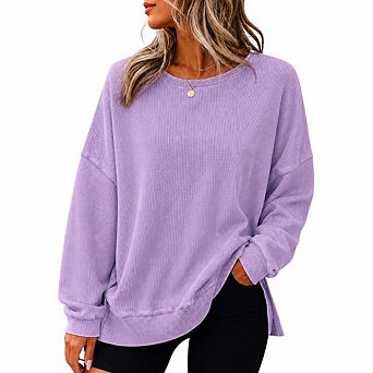 Womens Oversized Waffle Knit Sweatshirts Casual Crewneck Long Sleeve Side Slits Pullover Tops