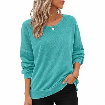 Womens Oversized Waffle Knit Sweatshirts Casual Crewneck Long Sleeve Side Slits Pullover Tops