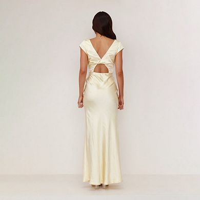 Womens Solid Color Satin v Neck Cap Sleeve Elegant Wedding Guest Maxi Dress