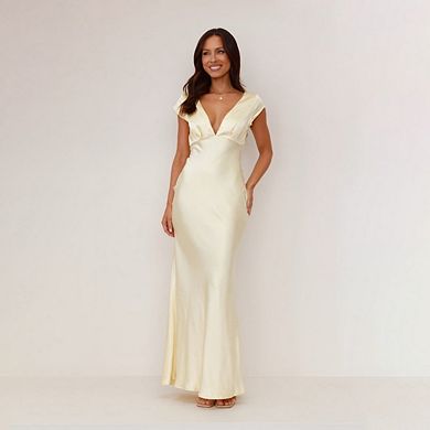 Womens Solid Color Satin v Neck Cap Sleeve Elegant Wedding Guest Maxi Dress