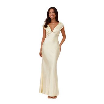 Womens Solid Color Satin v Neck Cap Sleeve Elegant Wedding Guest Maxi Dress