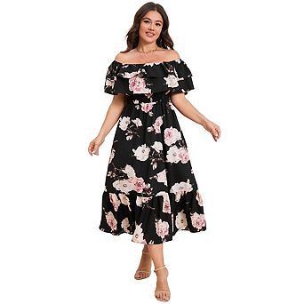 Women Plus Size Boho Casual Dress Off Shoulder Maxi Dress Ruffle Flowy Summer Long Dresses
