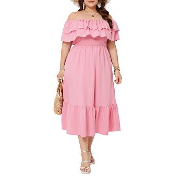 Women Plus Size Boho Casual Dress Off Shoulder Maxi Dress Ruffle Flowy Summer Long Dresses