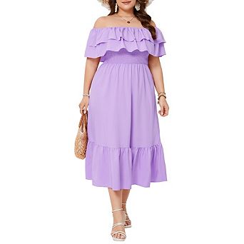 Women Plus Size Boho Casual Dress Off Shoulder Maxi Dress Ruffle Flowy Summer Long Dresses