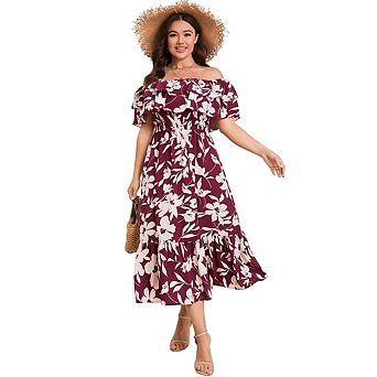 Women Plus Size Boho Casual Dress Off Shoulder Maxi Dress Ruffle Flowy Summer Long Dresses