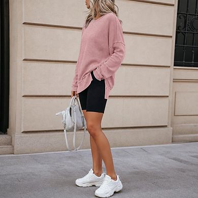Womens Oversized Waffle Knit Sweatshirts Casual Crewneck Long Sleeve Side Slits Pullover Tops