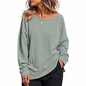 Womens Oversized Waffle Knit Sweatshirts Casual Crewneck Long Sleeve Side Slits Pullover Tops