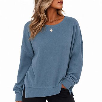 Womens Oversized Waffle Knit Sweatshirts Casual Crewneck Long Sleeve Side Slits Pullover Tops