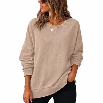 Womens Oversized Waffle Knit Sweatshirts Casual Crewneck Long Sleeve Side Slits Pullover Tops