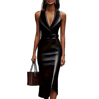 Women Sleeveless Elegant v Neck Bodycon Party PU Leather Midi Dress