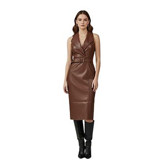 Women Sleeveless Elegant v Neck Bodycon Party PU Leather Midi Dress