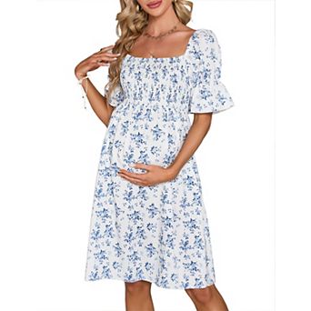Women's Floral Print Square Neck Shirred Puff Sleeve Maternity Dress Nursing Friendly Bump