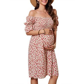 Women's Floral Print Square Neck Shirred Puff Sleeve Maternity Dress Nursing Friendly Bump