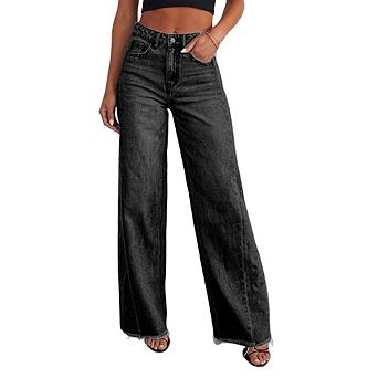 Women’s Wide Leg Side Seam Jeans Frayed Hem Vintage Denim Pants High Waist Casual Trousers