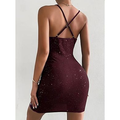 Women's Bodycon Glitter Spaghetti v Neck Ruched Party Dresses