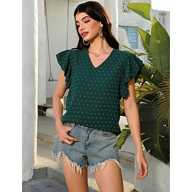 Women's Swiss Dots Solid Loose Tunics Work Shirts Tops Summer Ruffle Short Sleeve Crewneck Blouses