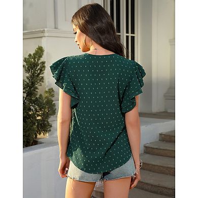 Women's Swiss Dots Solid Loose Tunics Work Shirts Tops Summer Ruffle Short Sleeve Crewneck Blouses