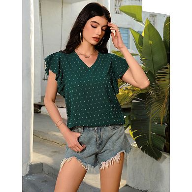 Women's Swiss Dots Solid Loose Tunics Work Shirts Tops Summer Ruffle Short Sleeve Crewneck Blouses