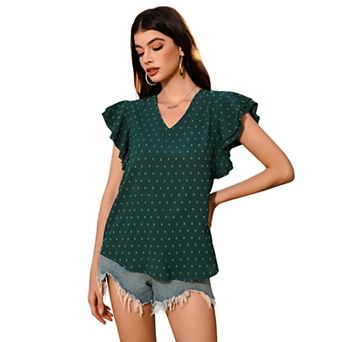Women's Swiss Dots Solid Loose Tunics Work Shirts Tops Summer Ruffle Short Sleeve Crewneck Blouses