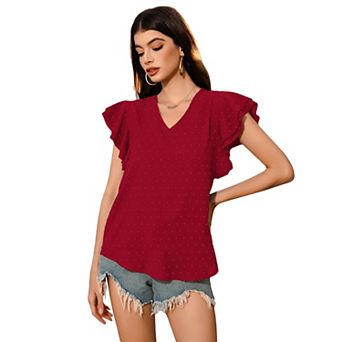 Women's Swiss Dots Solid Loose Tunics Work Shirts Tops Summer Ruffle Short Sleeve Crewneck Blouses
