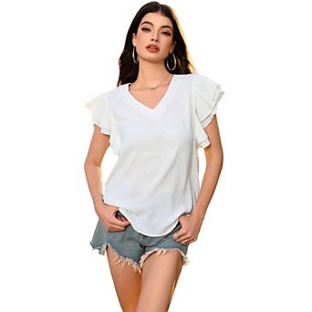 Women's Swiss Dots Solid Loose Tunics Work Shirts Tops Summer Ruffle Short Sleeve Crewneck Blouses
