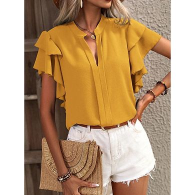 Women's Summer Short Sleeve Tops Euro Style Plus Size Slimming Flutter Chiffon Blouse