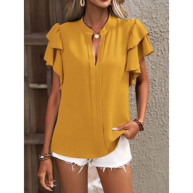 Women's Summer Short Sleeve Tops Euro Style Plus Size Slimming Flutter Chiffon Blouse